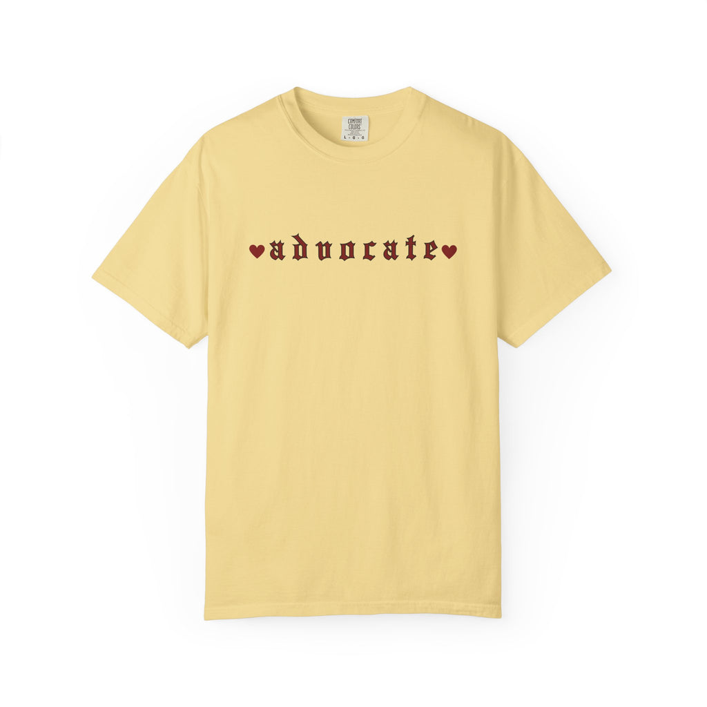Advocate T-Shirt — Retro Gothic Typography Tee with Heart Accents