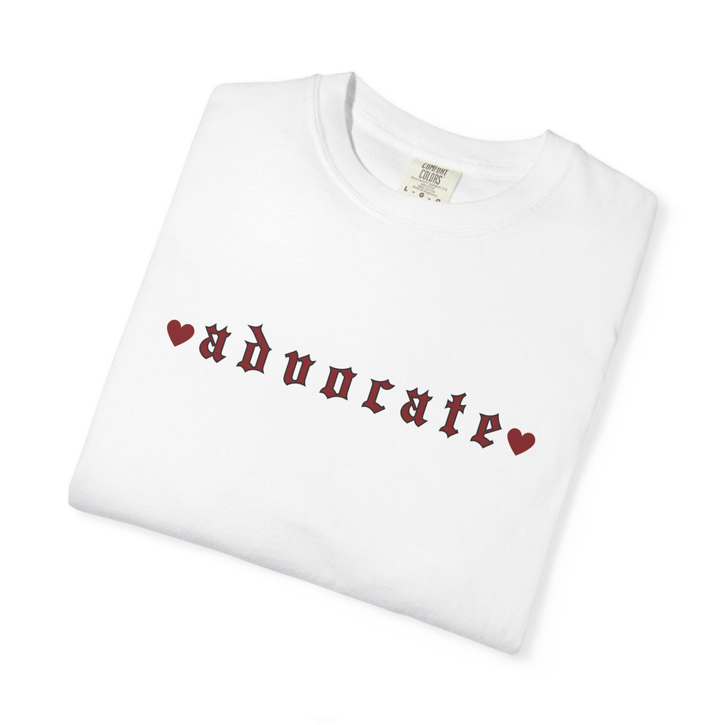 Advocate T-Shirt — Retro Gothic Typography Tee with Heart Accents