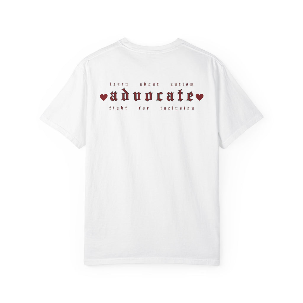 Advocate T-Shirt — Retro Gothic Typography Tee with Heart Accents