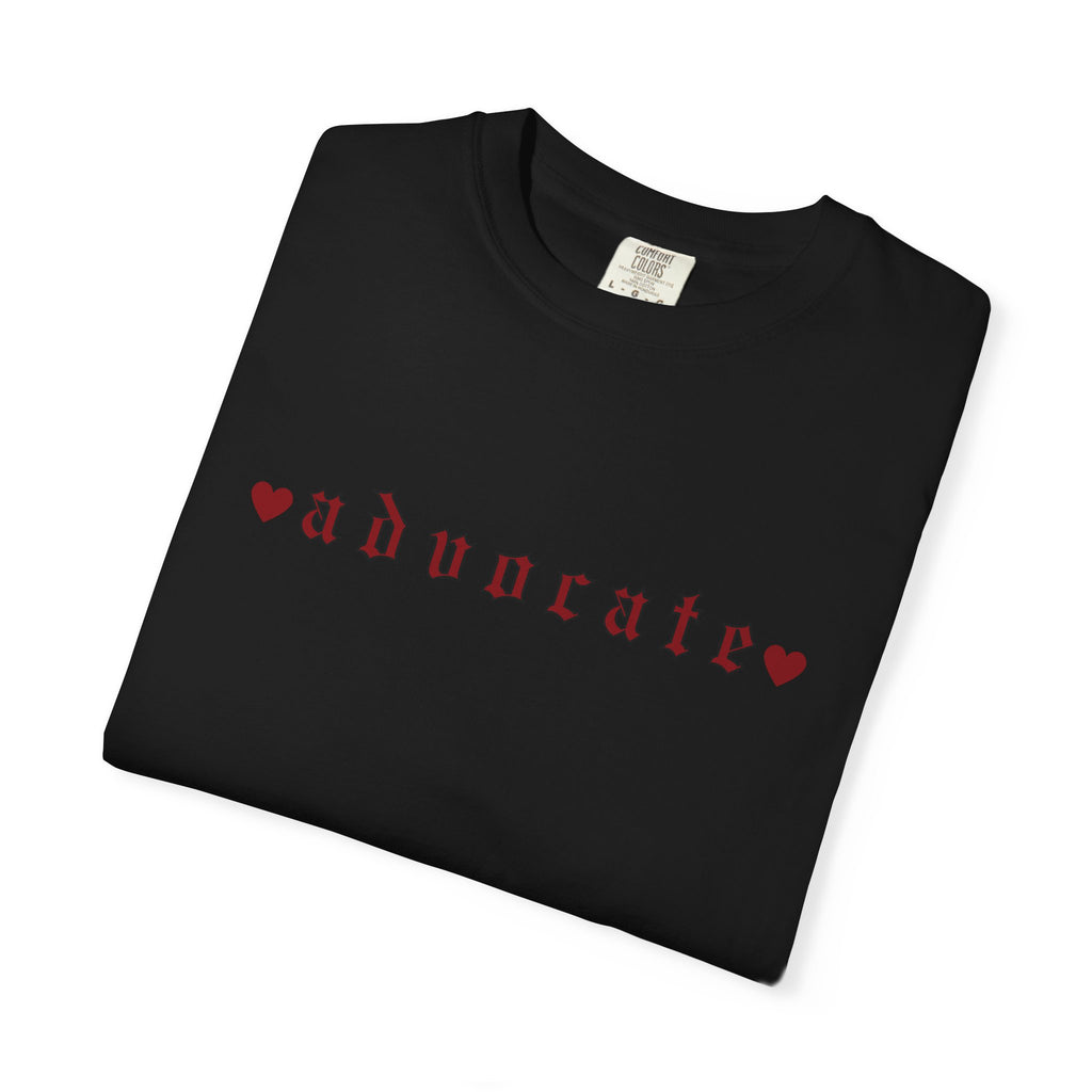 Advocate T-Shirt — Retro Gothic Typography Tee with Heart Accents