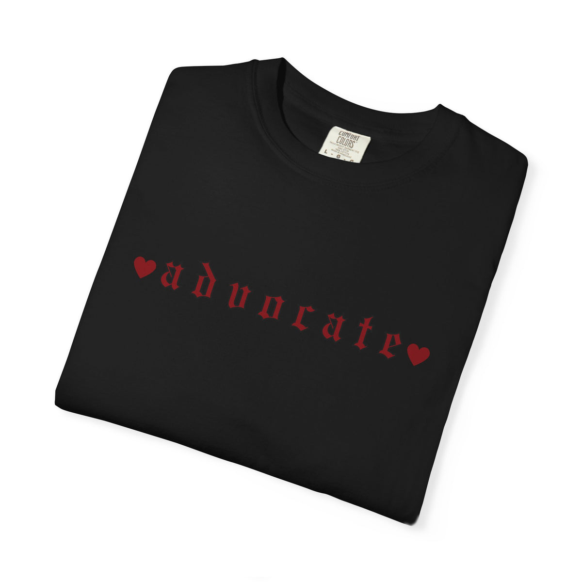 Advocate T-Shirt — Retro Gothic Typography Tee with Heart Accents