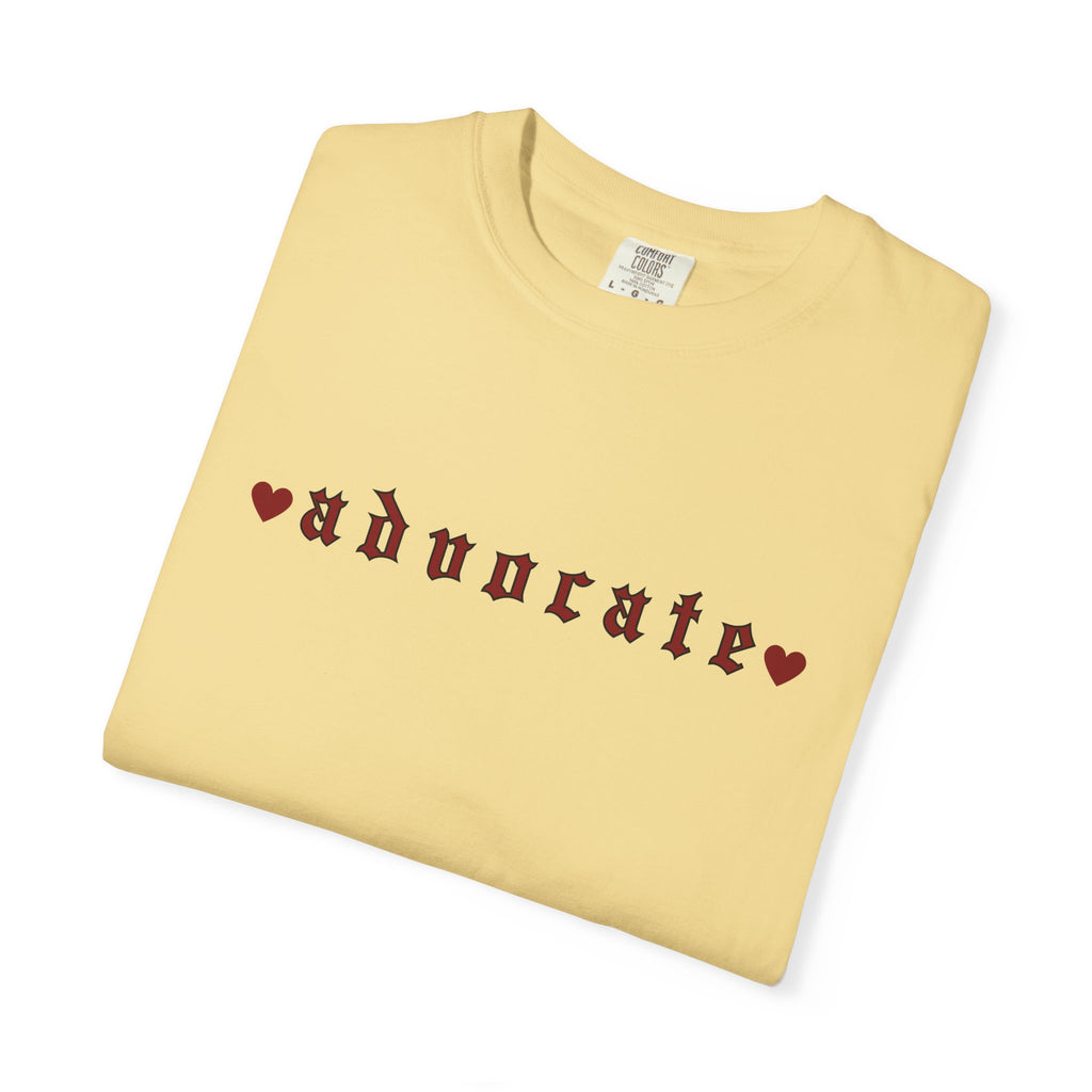 Advocate T-Shirt — Retro Gothic Typography Tee with Heart Accents