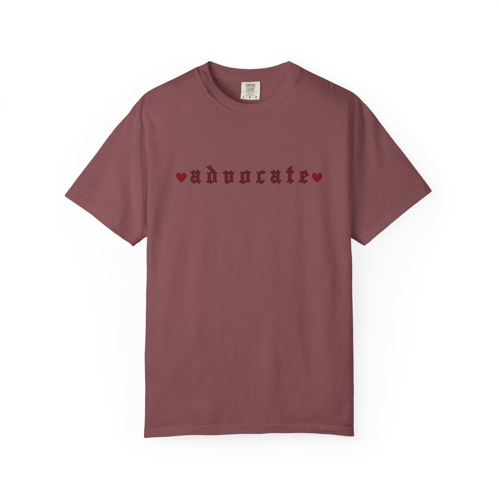 Advocate T-Shirt — Retro Gothic Typography Tee with Heart Accents