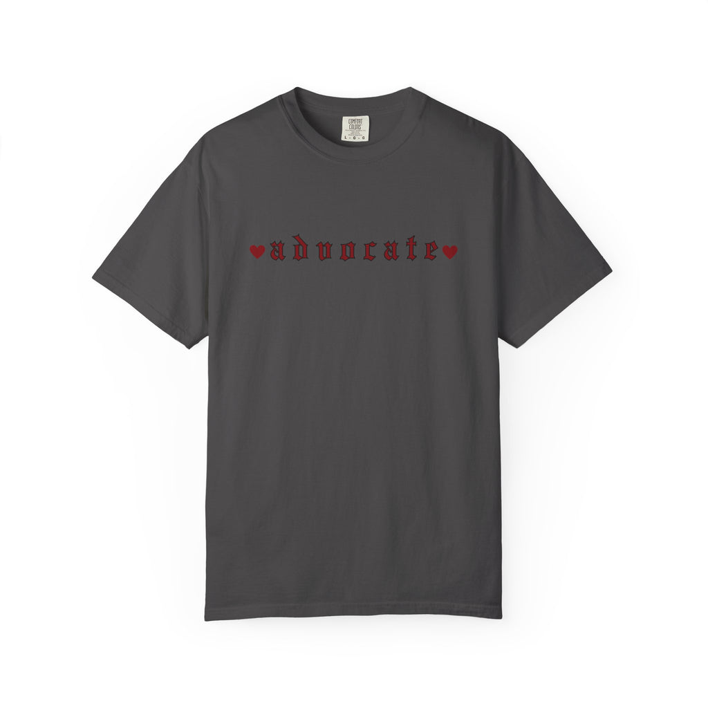 Advocate T-Shirt — Retro Gothic Typography Tee with Heart Accents