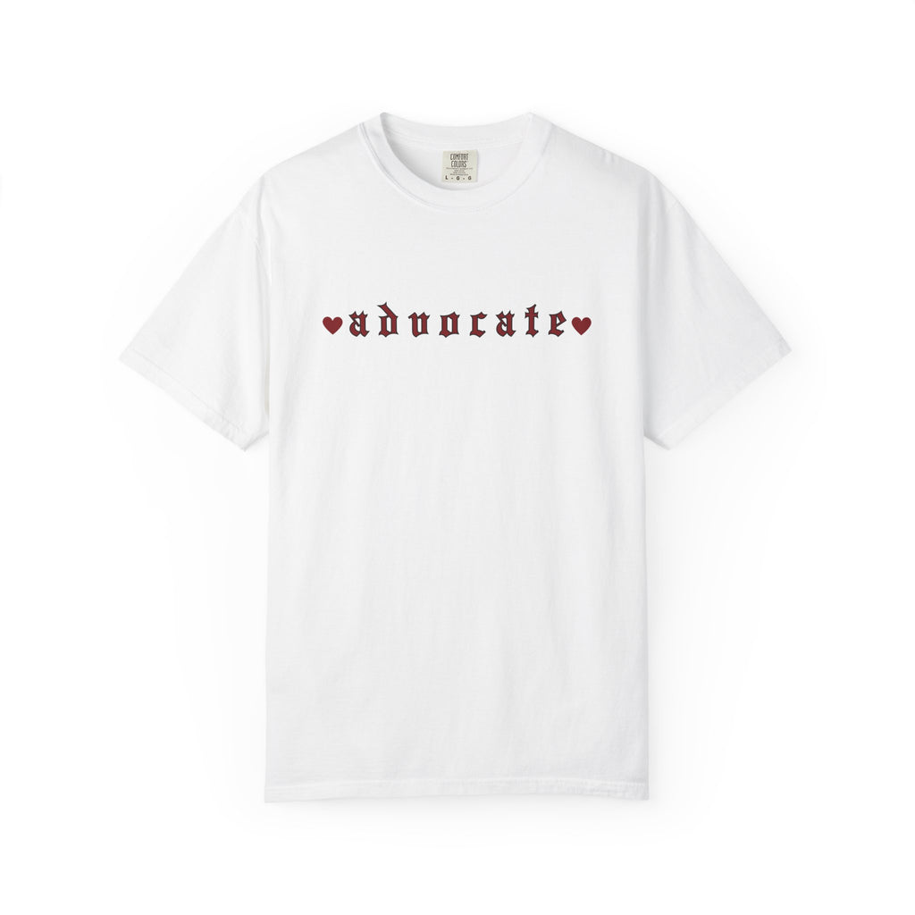 Advocate T-Shirt — Retro Gothic Typography Tee with Heart Accents