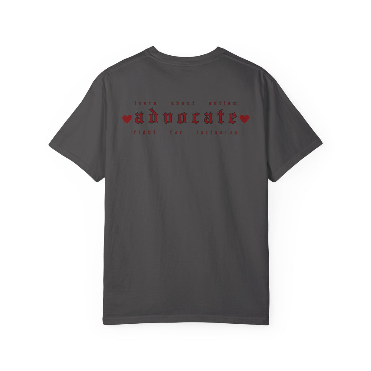 Advocate T-Shirt — Retro Gothic Typography Tee with Heart Accents