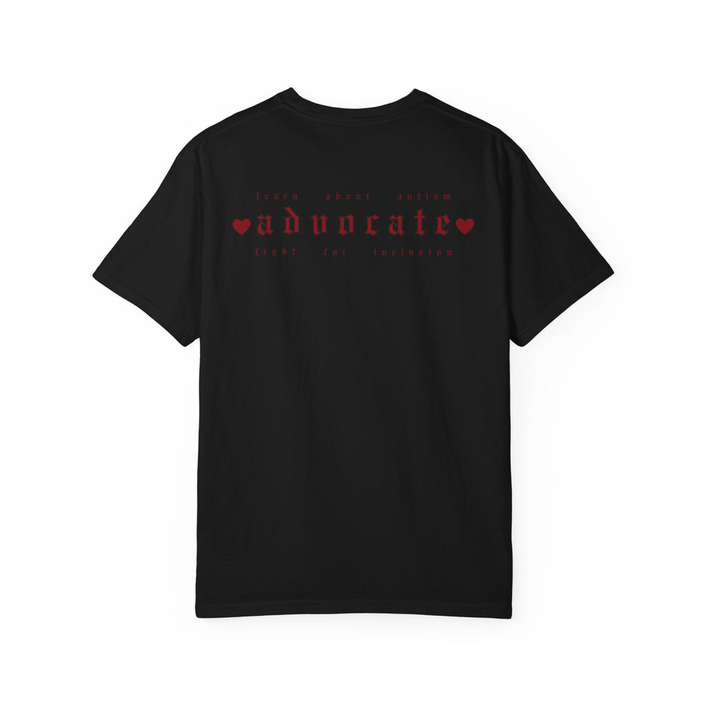 Advocate T-Shirt — Retro Gothic Typography Tee with Heart Accents