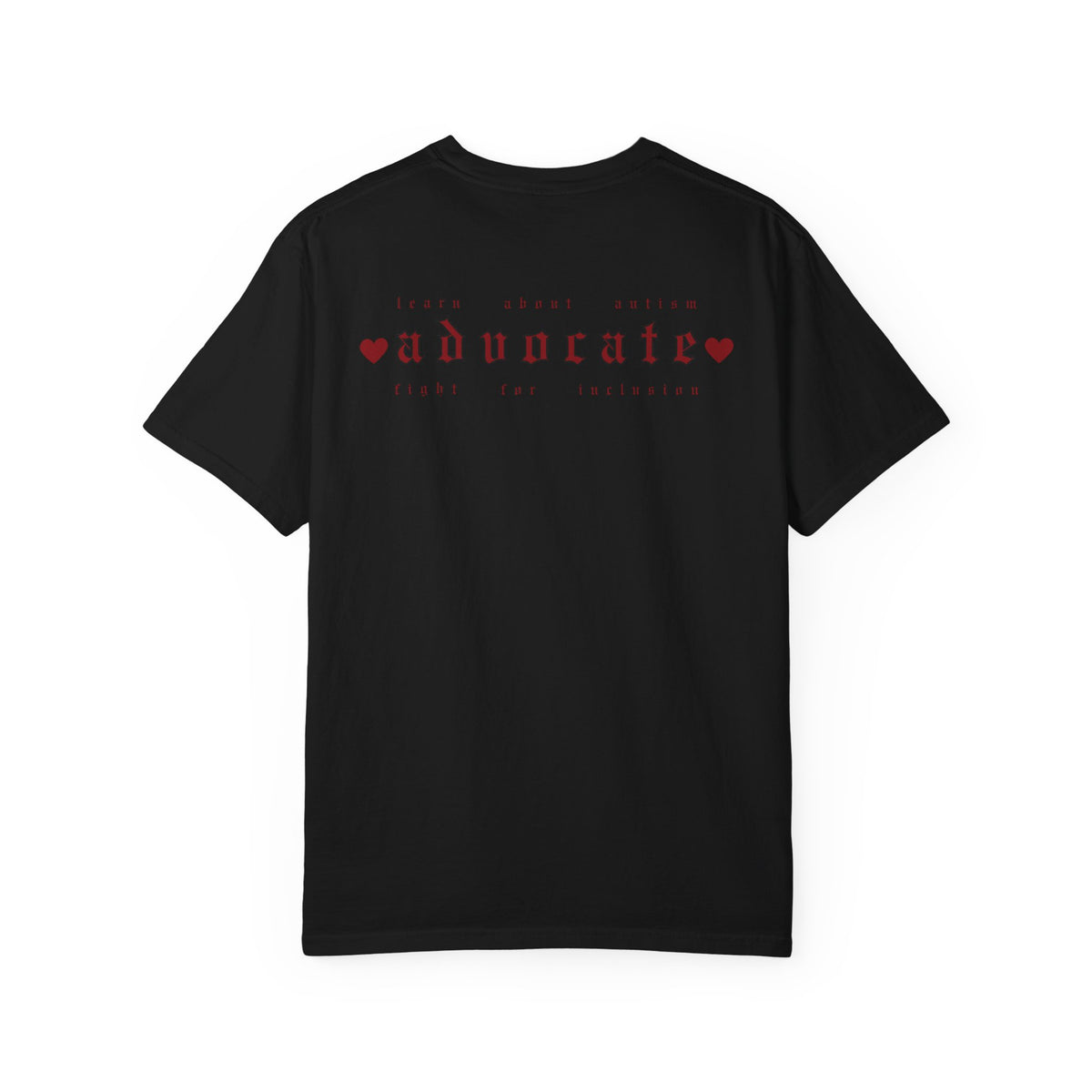 Advocate T-Shirt — Retro Gothic Typography Tee with Heart Accents