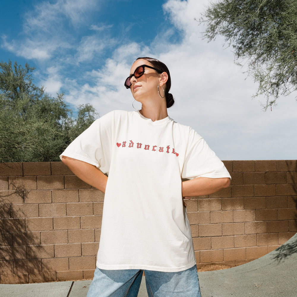 Advocate T-Shirt — Retro Gothic Typography Tee with Heart Accents