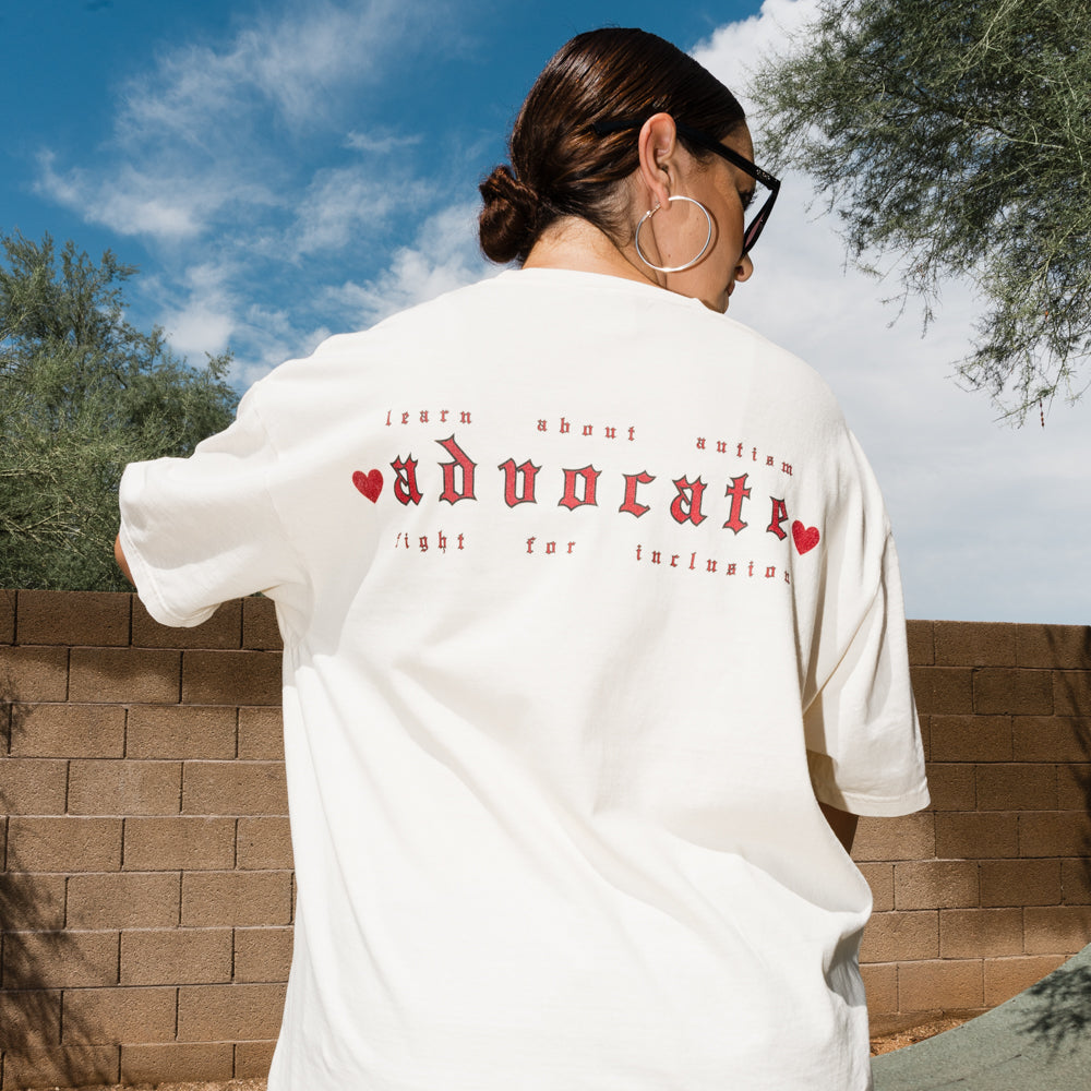 Advocate T-Shirt — Retro Gothic Typography Tee with Heart Accents