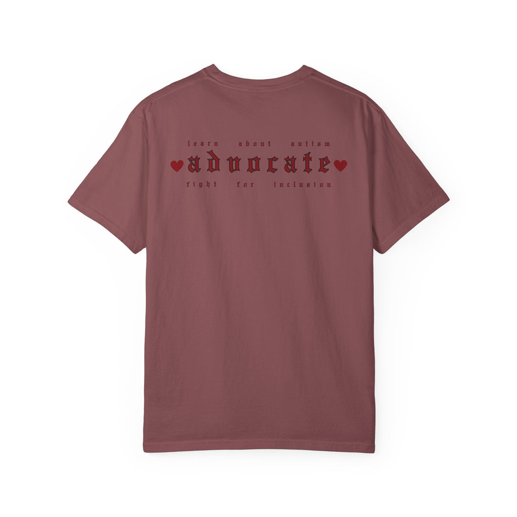 Advocate T-Shirt — Retro Gothic Typography Tee with Heart Accents