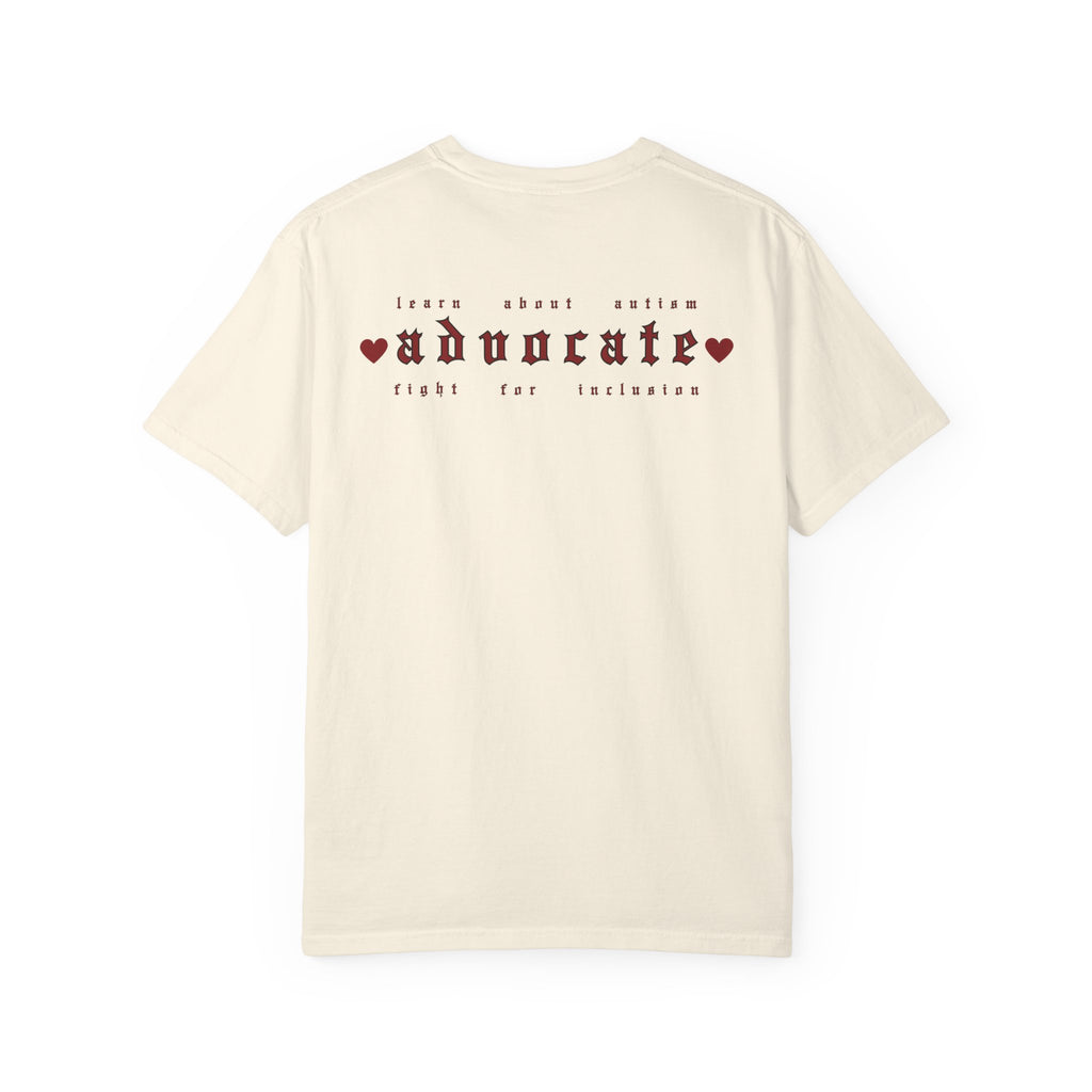 Advocate T-Shirt — Retro Gothic Typography Tee with Heart Accents