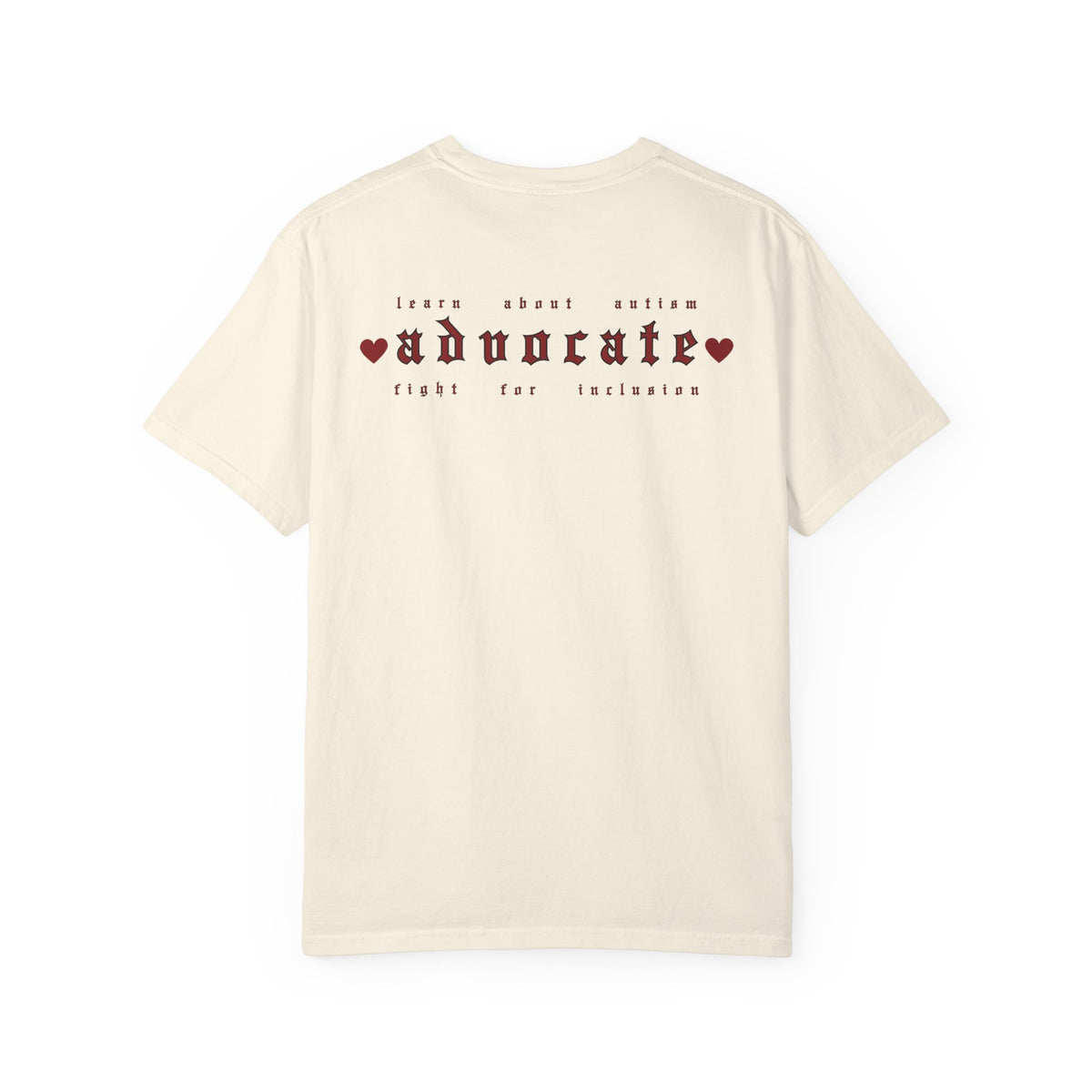 Advocate T-Shirt — Retro Gothic Typography Tee with Heart Accents
