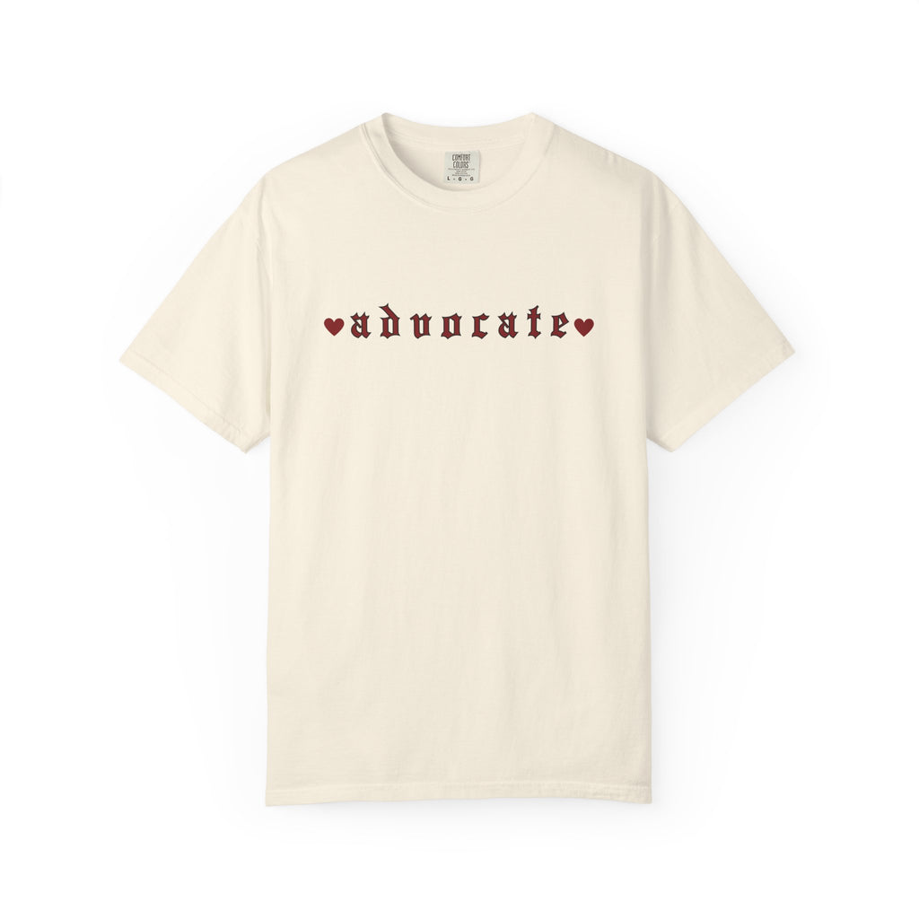 Advocate T-Shirt — Retro Gothic Typography Tee with Heart Accents