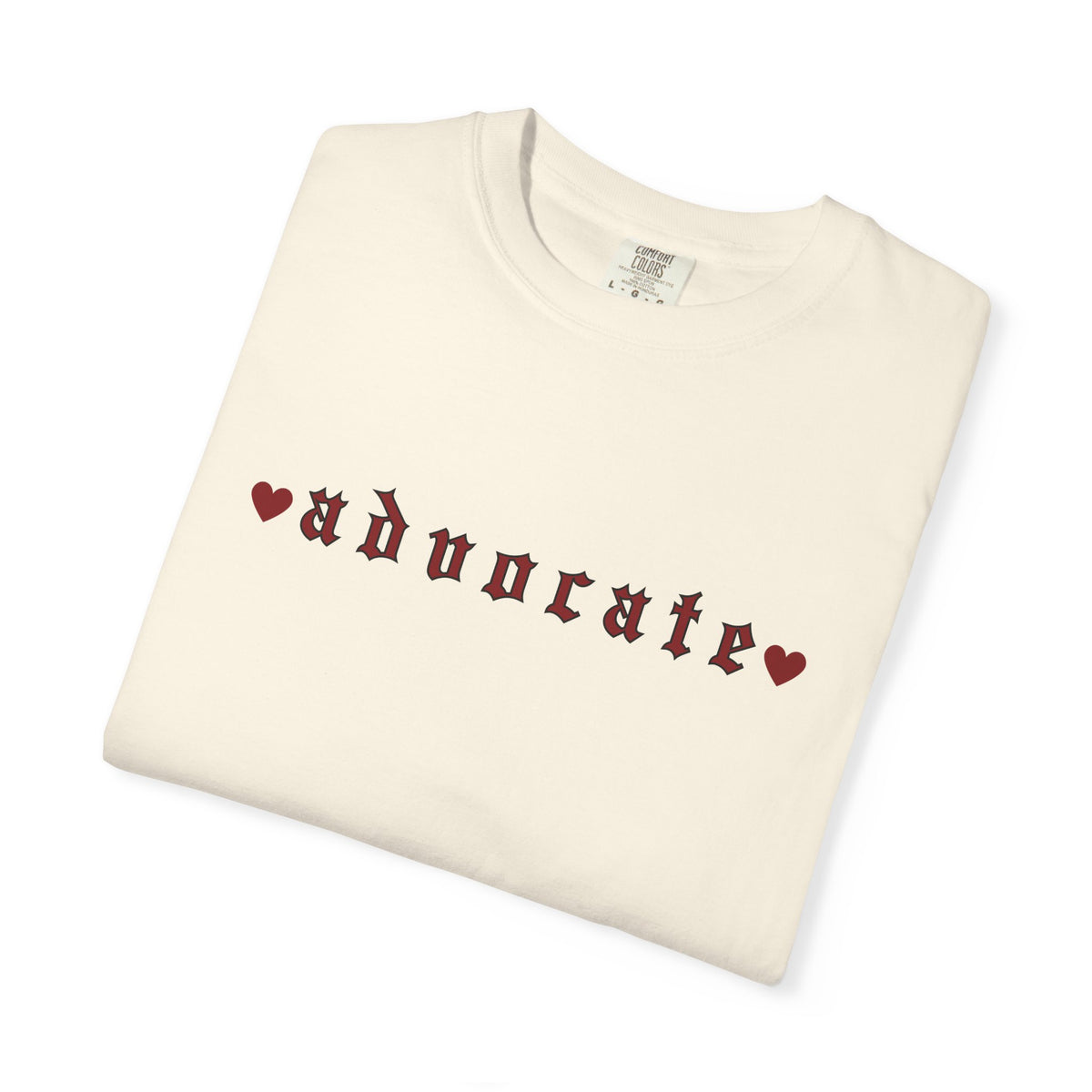 Advocate T-Shirt — Retro Gothic Typography Tee with Heart Accents