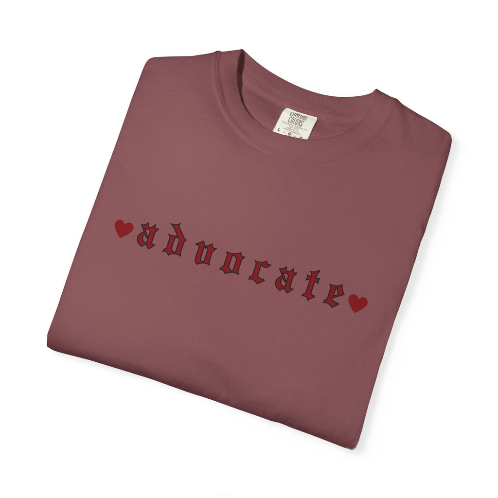 Advocate T-Shirt — Retro Gothic Typography Tee with Heart Accents