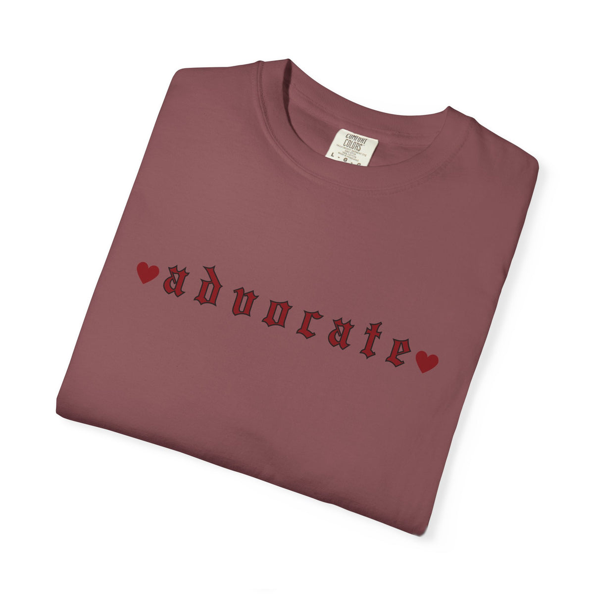 Advocate T-Shirt — Retro Gothic Typography Tee with Heart Accents