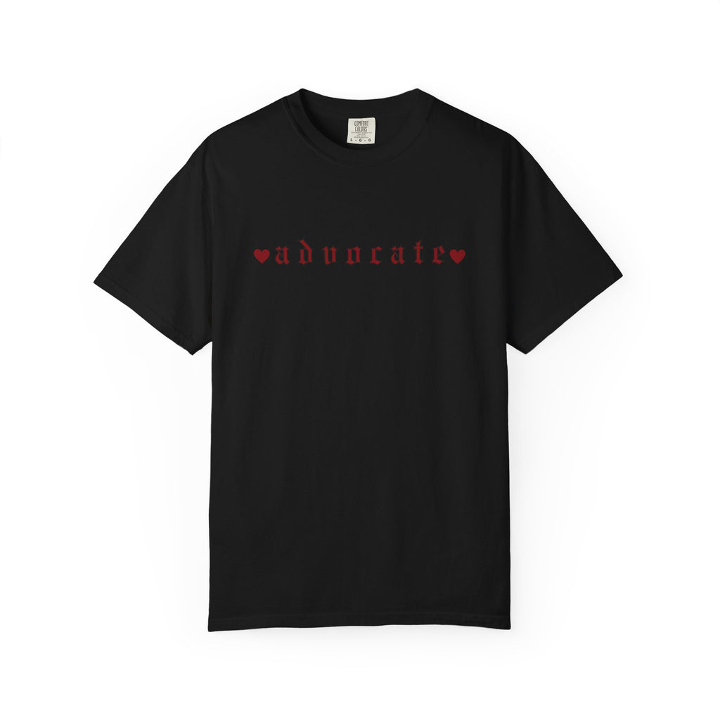 Advocate T-Shirt — Retro Gothic Typography Tee with Heart Accents