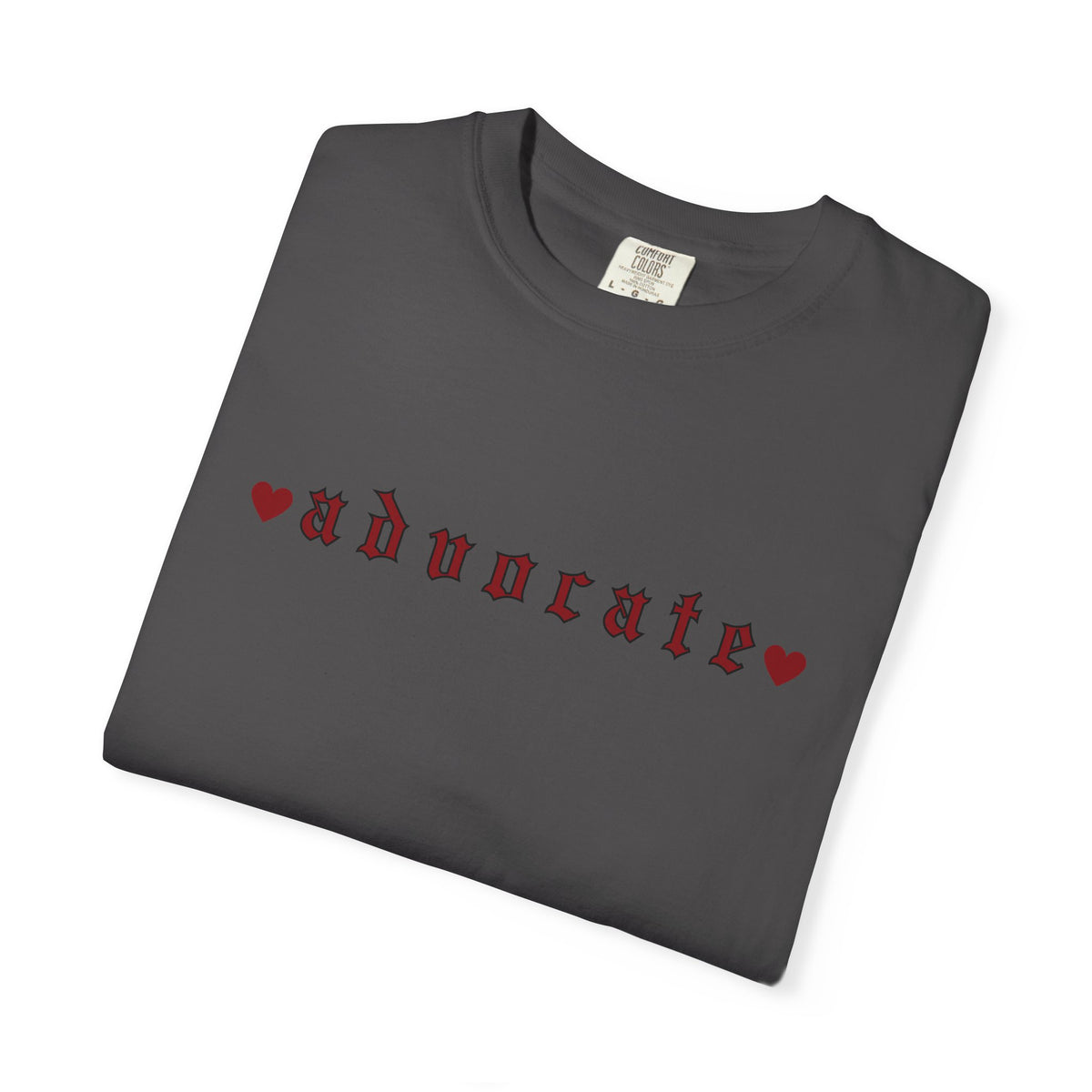 Advocate T-Shirt — Retro Gothic Typography Tee with Heart Accents